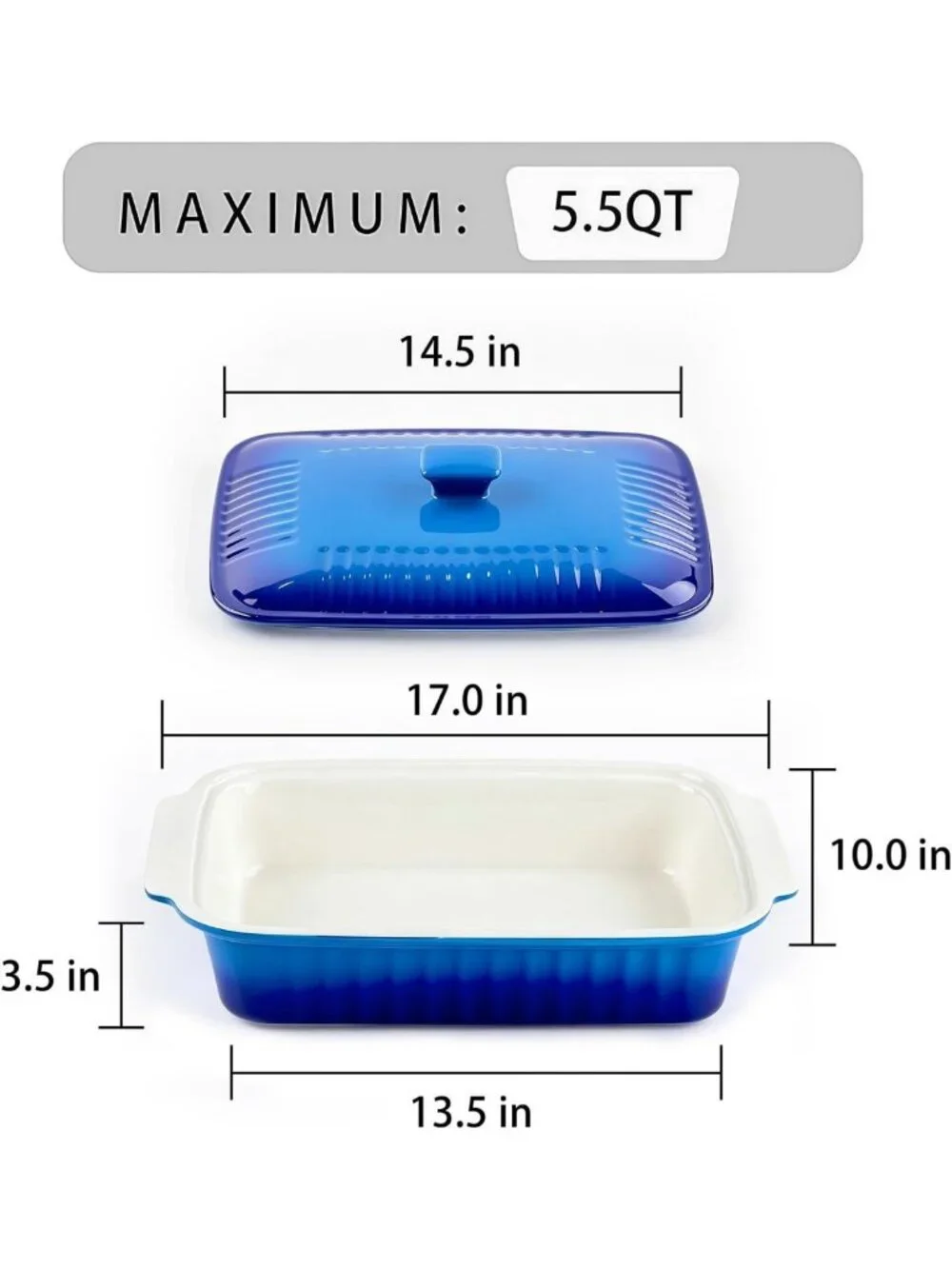 Large 5.5 Quart Ceramic Baking Dish with Lid, 13.5x9 Lasagna Pan, Microwave